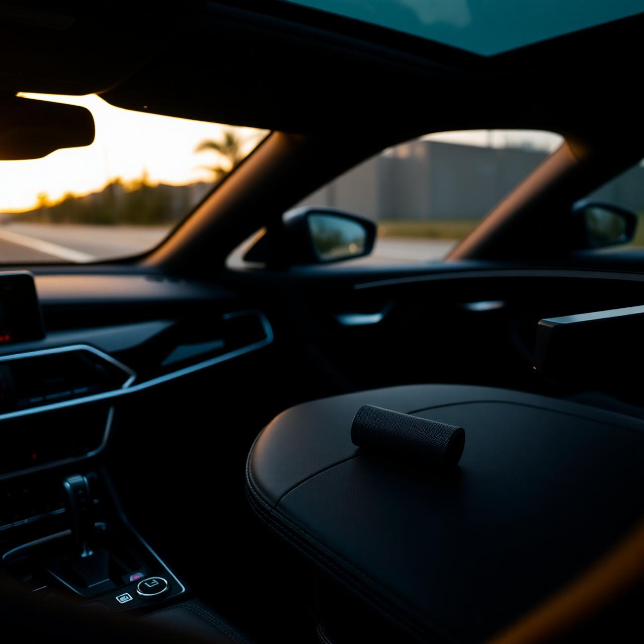 Modern car interior at dusk with a matte black detailing accessory on the leather seat